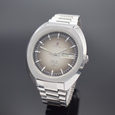CERTINA DS-2 C-Tronic Herrenarmbanduhr in Stahl, Schweiz um 1975, Stimmgabelschwinger, Boden verschr., orig. Stahlband m. Faltschl.,grau-braunes ...