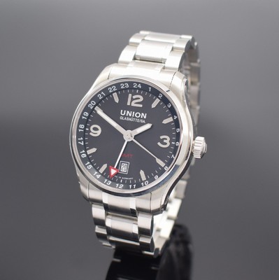 UNION GLASHÜTTE/SA Belisar GMT Herrenarmbanduhr in Stahl Referenz D002.429 A, Deutschland um 2015, Automatik, beids. vergl. Geh., Boden 8-fach ...
