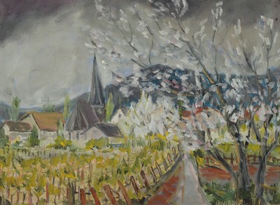 Oswald Müller, Pfälzer Maler des 20.Jh., Ansicht eines pfälzer Dorfes mit blühendem Bäumen, signiert, Öl/Platte, Rahmen, 53x71 cm
