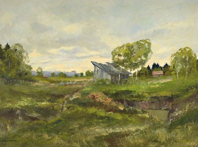 Otto Hellmeier, 1908 - 1996 Weilheim, wohl oberbayrische Landschaft unter bewölktem Himmel, signiert, Öl/Lwd, Rahmen, 84x100 cm