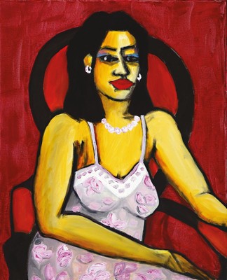 Gernot Kissel, 1939-2008 Worms, Bildnis einer sitzenden Dame auf rotem Grund, unsigniert, Öl/Lwd, 80x65 cm, Provenienz: Nachlass Kissel