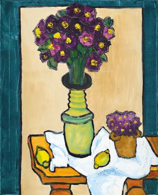Gernot Kissel, 1939-2008 Worms, Stillleben mit zwei Blumenvasen auf einem Tisch, pastos gespachtelter Farbauftrag, unsigniert, Öl/Lwd, 80x65 cm, ...