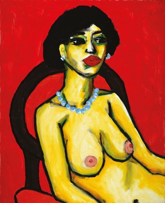Gernot Kissel, 1939-2008 Worms, Frauenakt auf rotem Grund, unsigniert, Öl/Lwd, 80x65 cm