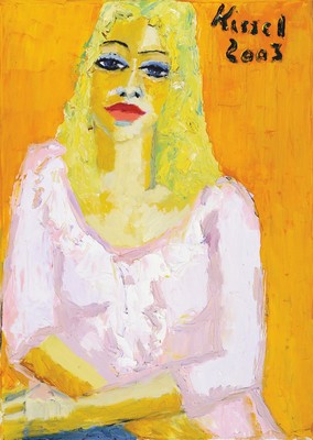 Gernot Kissel, 1939-2008 Worms, Porträt einer blonden Dame auf orangefarbenem Grund, signiert und datiert 2003, Öl/Lwd, 70x50 cm