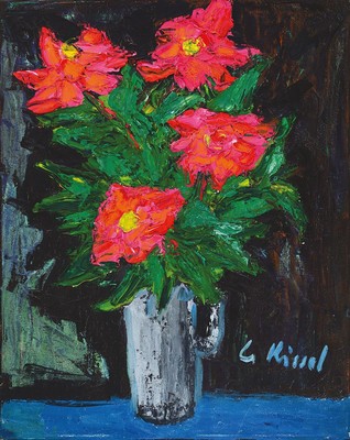 Gernot Kissel, 1938-2008 Worms, Blumenstillleben mit leuchtend violetten Blüten auf schwarzem Grund, signiert, Öl/Lwd, Rahmen, 86x70 cm, ...