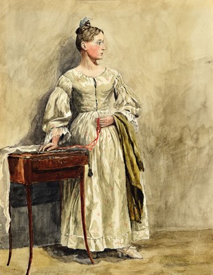 Ungedeuteter Künstler der Mitte des 20.Jh., Aquarell, historisierendes Bildnis einer Dame am Nähtisch um 1830, unten unleserlich signiert, 30x23 cm