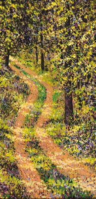 Theo Jacobi, geb. 1953 Dockendorf/Eifel, Studium an der Hochschule für Bildende Kunst Braunschweig, Waldweg mit impressiver Lichtpunktsetzung, ...