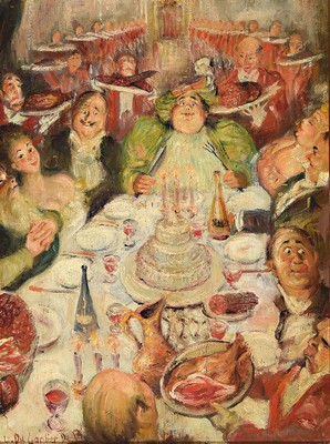 Du Gardie de B..., ungedeuteter Künstler des 20.Jh., wohl 20er Jahre, ausgelassene Gesellschaft zu Tisch, "Das große Fressen", links ...