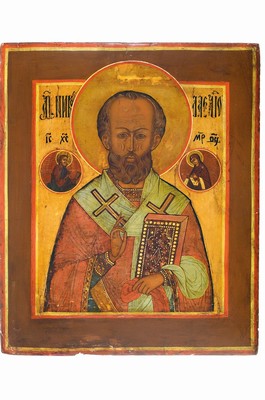 Ikone, Russland, um 1900, Hl. Nikolaus, Tempera auf Holz, vertieftes Mittelfeld, ca. 31x26cm