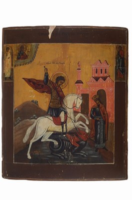 Ikone, Russland, 2. Hälfte 19. Jh., Hl. Georg der Drachentöter, Tempera auf Holz, 2 Randheilige, Oberflächenschäden, ca. 31x25.5cm