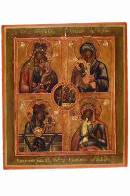 Ikone, Russland, 19. Jh., fünf Feder mit verschiedenen Darstellungen der Gottesmutter, Tempera auf Holz, ca. 35x31cm
