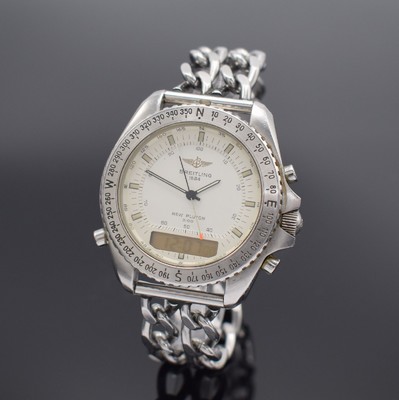 BREITLING New Pluton Herrenarmbanduhr in Stahl, Schweiz 1990er Jahre, quarz, Ref. A51037, Boden & Krone verschr., neutr. Stahlband m. Faltschl., ...