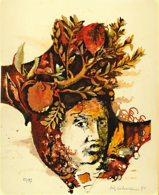 Fritz Wiedemann, 1920 Mußbach - 1987 Landau,Lithographie, Frauenporträt mit herbstlich floraler Rahmung, Ed. 17/50, signiert und datiert 1971, ...