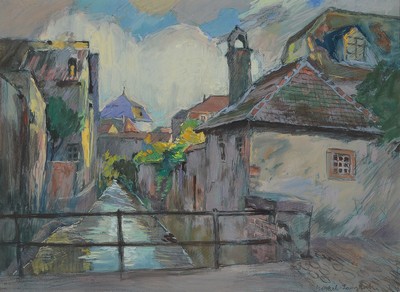 Adolf Merkel-Langkoch, geb. 1900 Schwetzingen, Blick auf den Speyerbach in Neustadt a.d. Weinstraße, Gouache/Papier, rechts unten signiert, unter PP ...