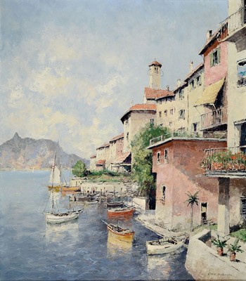 Otto Hellmeier, 1908-1996, Ansicht südlicher Küstenlandschaft, verso bez. "Gendria", signiert, Öl/Lwd, Rahmen, 98x87 cm