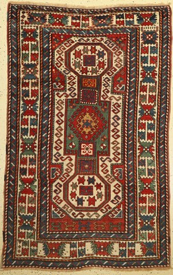 Antiker Schildkazak, Kaukasus, 19.Jhd, Wolle auf Wolle, ca. 190 x 125 cm, EHZ:(guter Zustand)