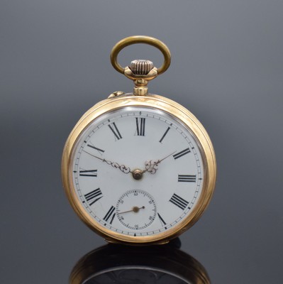 Offene Herrentaschenuhr in GG 585/000, Schweiz um 1900, Geh. dell., Rückdeckel m. Monogrammspiegel, Metallcuvette, Emailzifferbl. m. röm. Zahlen ...