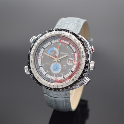 SORNA große Herrenarmbanduhr mit Chronograph, Schweiz um 1970, Handaufzug, verchr. Geh., Stahlboden geschr., drehb. Navigations- Lünette, 2 farbl. ...