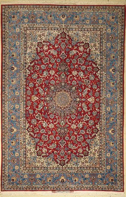 Esfahan fein signiert, (Zolfaghari), Persien, ca. 50 Jahre, Korkwolle mit und auf Seide, ca. 297 x 197 cm, gereinigt, EHZ:(Sehr guter Zustand)