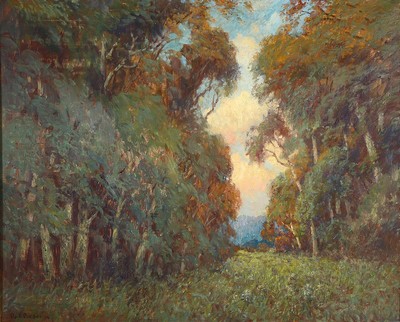Rudolf Pichler, um 1963 - 1931, impressionistisches Waldinterieur, zentraler Blick auf einen abendlich verfärbten Himmel, links unten signiert und ...