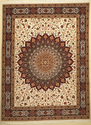 Täbriz fein(50 Raj), Persien, ca. 50 Jahre,Korkwolle mit Seide, ca. 264 x 197 cm, ca. 500.000 Kn/qm, EHZ:(Sehr guter Zustand), Moschee-Deckenmotiv
