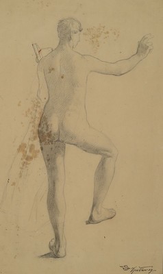 Carl Spitzweg, 1808 - 1885 München, Bleistiftzeichnung auf Papier, stehender männlicher Rückenakt in expliziter Pose, verso skizzenhafter ...