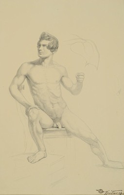 Carl Spitzweg, 1808-1885 München, Bleistiftzeichnung auf Papier, sitzender männlicher Akt in heroisierender Pose, rechts unten Nachlassstempel und ...