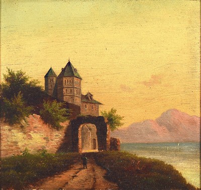 Unbekannter Künstler, wohl Frankreich, 2. Hälfte 19. Jh., Schloß am Seeufer, Öl/ Holz, rechts unten unleserlich signiert, ca. 30x31.5cm, R. ca. ...