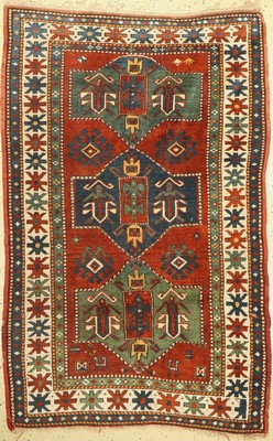 Antiker Kazak, Kaukasus, 19.Jhd., Wolle aufWolle, ca. 200 x 133 cm, EHZ:(Alters-und Gebrauchsspuren)