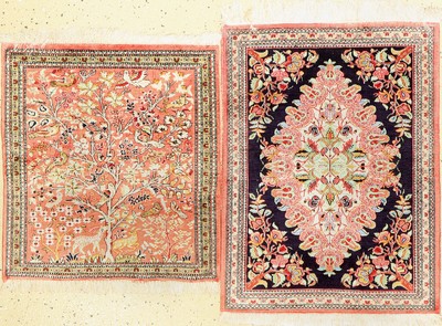 2 Lots Ghom Seide, Persien, ca. 60 Jahre, reine Naturseide, ca. 78 x 60 cm, EHZ: 1-2