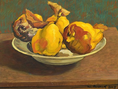 Werner Brand, 1933 Löbau-2021 Hochstadt, Stillleben mit Quitten, Öl/Hartfaser, rechts unten signiert und dat. 2005, ca. 26x34cm, R. ca. 35x43cm