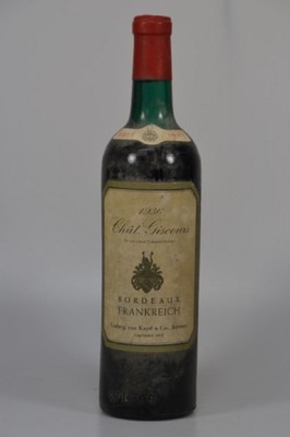 1 Flasche 1936 Chateau Giscours, Labarde -Medoc, Vertrieb Ludwig von Kapff & Co. Bremen, 750ml, Upper Mid Shoulder, beschmutzt