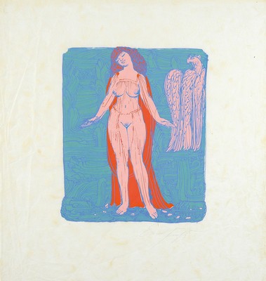 Ernst Fuchs, 1930-2015, Phantastischer Akt, Farbsiebdruck auf dünnem Japanpapier, handsigniert, ca. 28x23cm, u.Gl., R. ca. 54x52cm