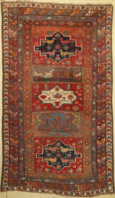 Antiker Kazak, Kaukasus, datiert(1323), 1900 Jahr, Wolle auf Wolle, ca. 290 x 170 cm, EHZ:(Alters-und Gebrauchsspuren)
