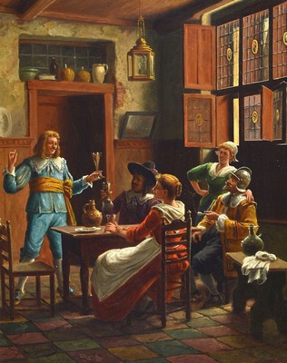 Wilhelm Friedrich Giessel, 1869 - 1938, Österreichischer Genremaler, in der Wirtsstube, feine detailreiche Malerei, li. unten signiert, 53 x 42 cm, ...