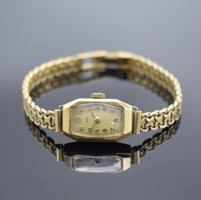 PARA Damenarmbanduhr in GG 585/000, Schweiz um 1965, Handaufzug, Scharnierboden dell., Zifferbl. pat., arab. Zahlen & gold. Zeiger, verg. Ankerwerk, ...