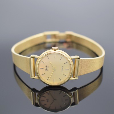 SAVAL Damenarmbanduhr in GG 585/000, Schweiz um 1980, quarz, GG 585/000 Band, Boden aufgedr., champagnerfarb. Zifferbl. m. aufgel. Std.-Ind. & gold. ...
