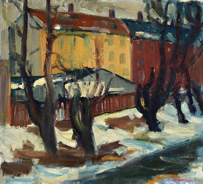 Valdemar Secher, 1885 Skaarup - 1976 Skagen, dänischer Künstler, Ansicht einer winterlichen Stadtkulisse, wohl Dänemark, Öl/Lwd, signiert, ...
