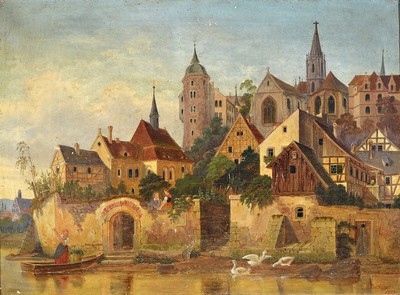 Carl Heinrich Beichling, 1803 Dresden - 1876 Tilsit, Studium an der Akademie Dresden, Blick auf die Albrechtsburg und den Dom zu Meissen, rechts ...