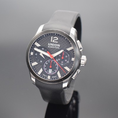 UNION Glashütte/SA. Herrenarmbanduhr mit Chronograph Referenz D002.627A Belisar, Deutschland um 2015, Automatik, beids. vergl., teils schwarz lack. ...
