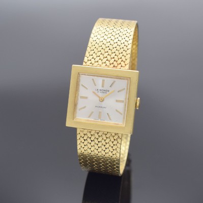 LE MONDE viereckige Armbanduhr in GG 585/000, Schweiz um 1970, Handaufzug, Boden aufgedr., GG 585/000 Band, silb. Zifferbl. m. aufgel. Std.-Ind., ...