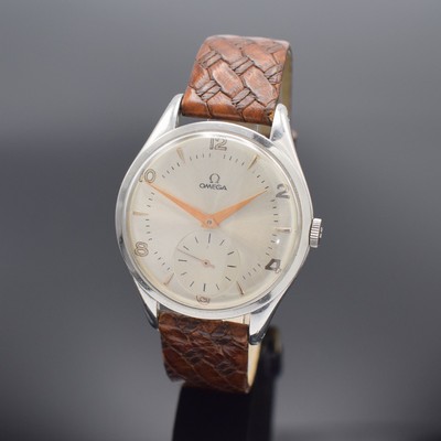 OMEGA große Herrenarmbanduhr 38 mm in Stahl, Schweiz um 1950, Handaufzug, Ref. 2505, Boden & Glasrand aufgedr., silb. Zifferbl. rest., gold. ...