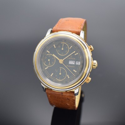 PIERCE Herrenarmbanduhr mit Chronograph in Stahl/Gold, Schweiz um 2005, Automatik, beids. vergl. Geh., Boden aufgedr., Lünette in GG 750/000, orig. ...