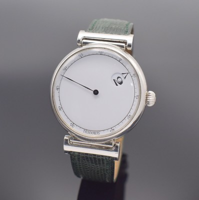HEBDOMAS Herrenarmbanduhr mit springender Stunde & 8 Tagewerk in 925er Silber, Schweiz um 1990, Automatik, Ref. 3301, beids. vergl. Geh. teils ...