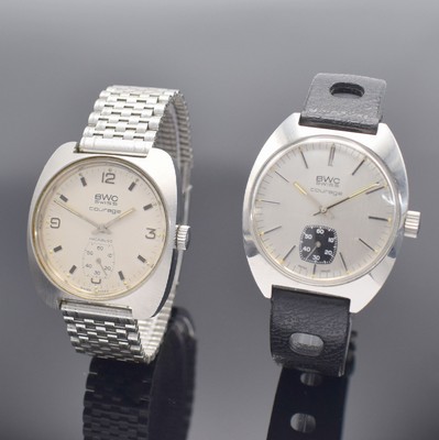 2 BWC Courage Herrenarmbanduhren in Stahl, Schweiz um 1970, Handaufzug, Böden verschr., 1x neutr. Stahlband m. Faltschl., silb. Zifferblätter m. ...