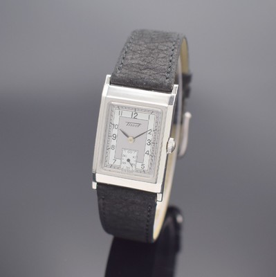 TISSOT rechteckige Armbanduhr in Stahl, Schweiz verk. lt. beil. Garantie 12/1995, quarz, Boden 4-fach verschr., orig. Lederband m. Dornschl., silb. ...
