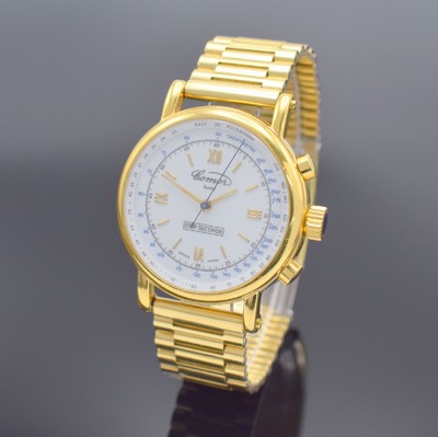 COMOR Stop-Seconde limitierte vergoldete Herrenarmbanduhr mit Chronograph, Schweiz verk. lt. beil. Zertifikat 12/1992, Werk 1950er Jahre, Handaufzug, ...