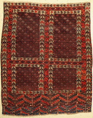 Seltener Yomud Engsi, Turkmenistan, 19.Jhd,Wolle auf Wolle, ca. 170 x 138 cm, EHZ:(Alters-und Gebrauchspuren), mit Blauer Baumschürze.