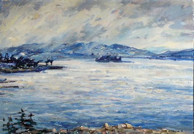 J.K. Slidek, datiert (19)60, Seelandschaft mit Gebirge im Hintergrund, Öl/Malkarton, rechts unten signiert, ca. 78x100cm