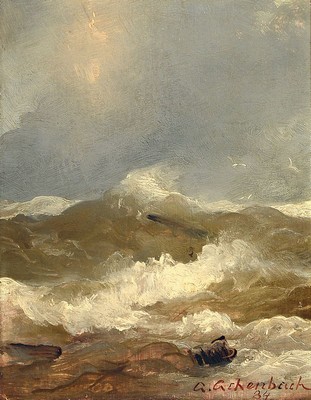Andreas Achenbach, 1815 Kassel-1910 Düsseldorf, Stürmische See, Öl/Holz, rechts unten signiert und dat. 84, ca. 27x21cm, Prunkrahmen ca. 56x50cm